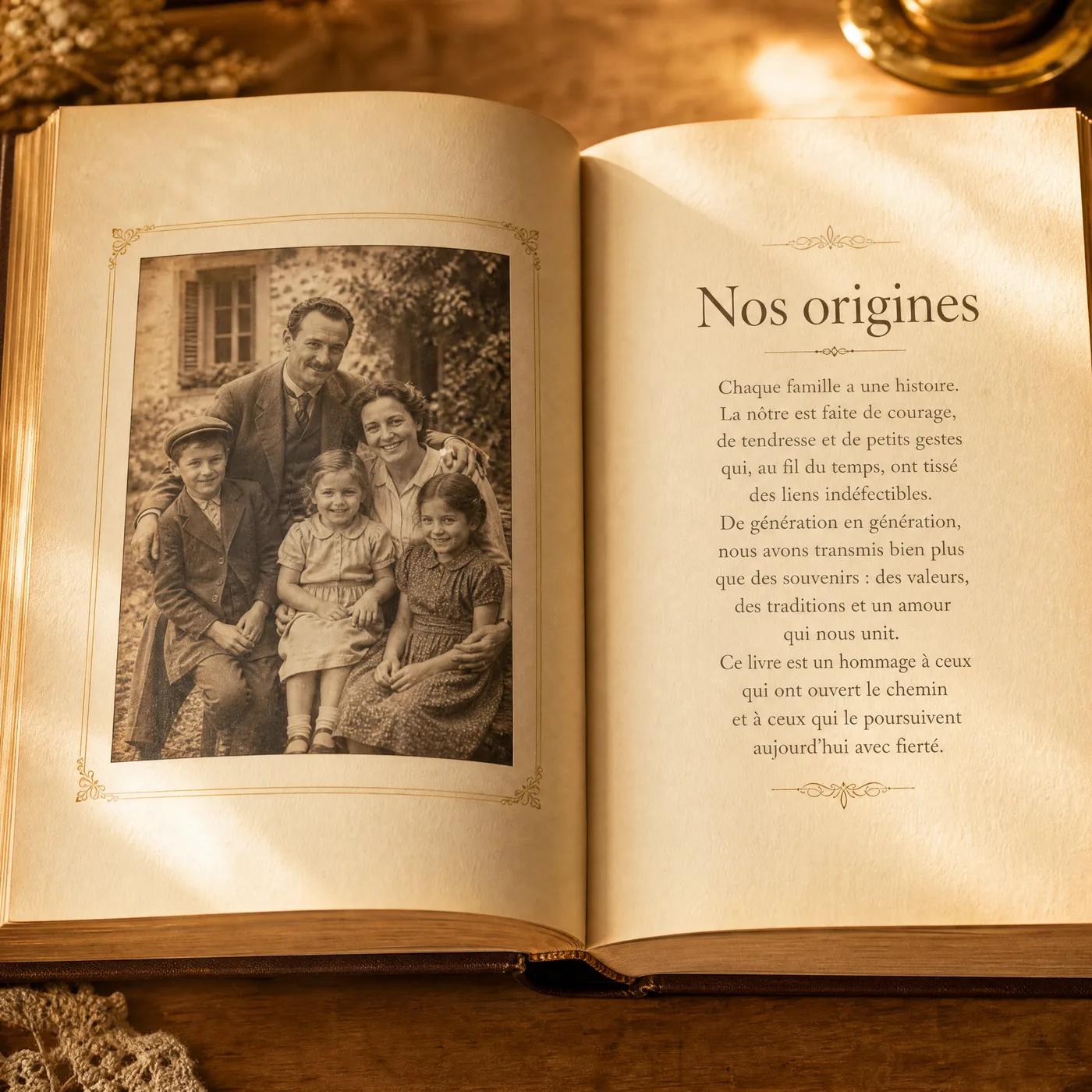 Double-page intérieure d'un livre Nostoria : photographie de famille ancienne et récit « Nos origines »