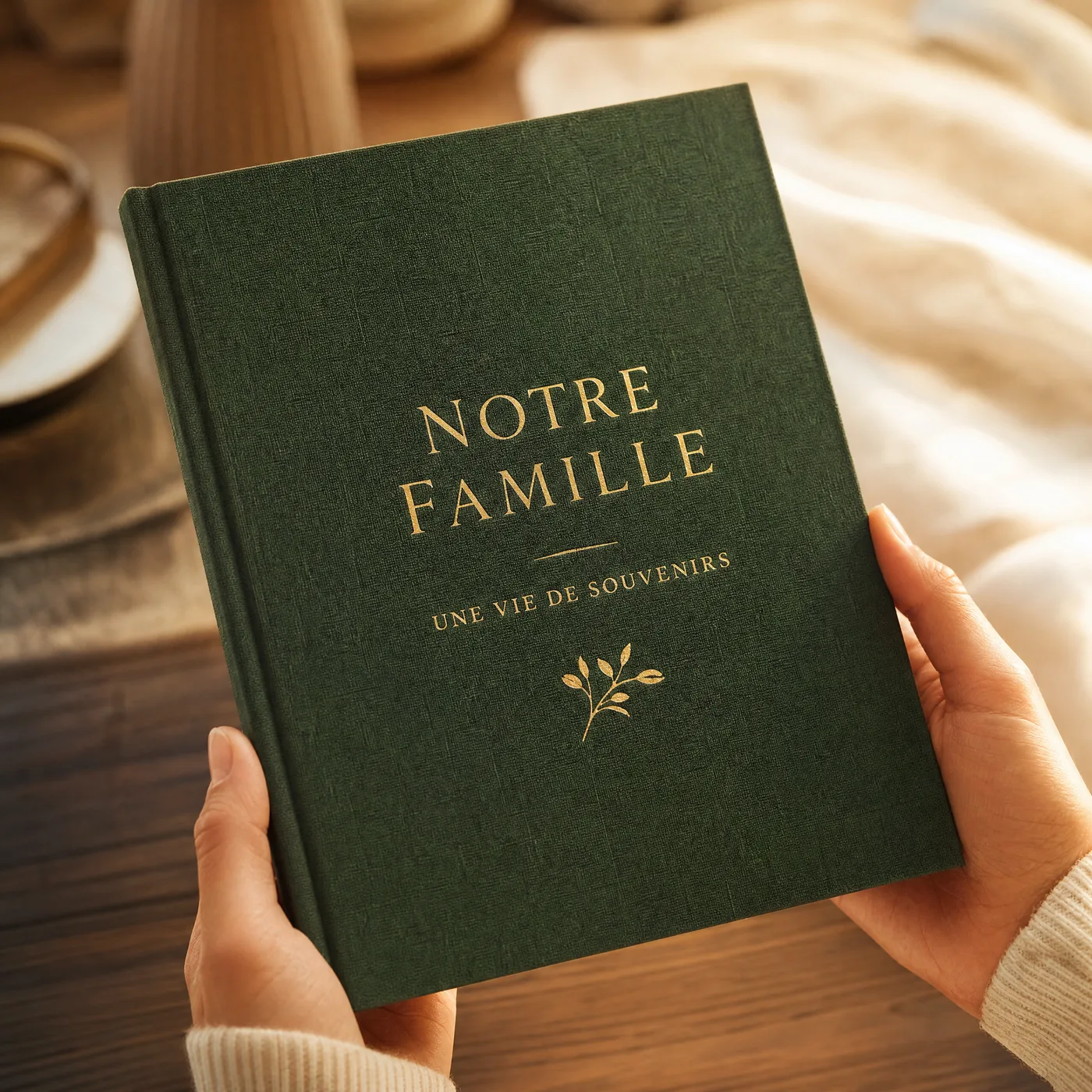 Livre de mémoire familiale Nostoria — couverture en lin vert émeraude à titre doré « Notre Famille », tenu en main