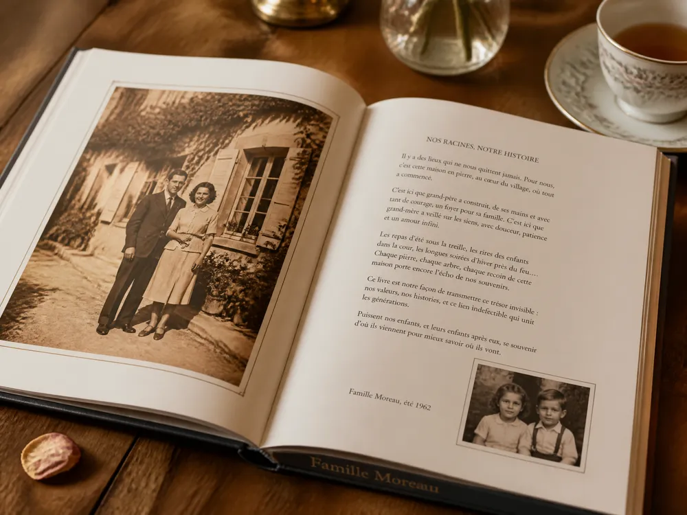 Pages intérieures d'un livre Nostoria : photographies anciennes et récit familial mis en pages