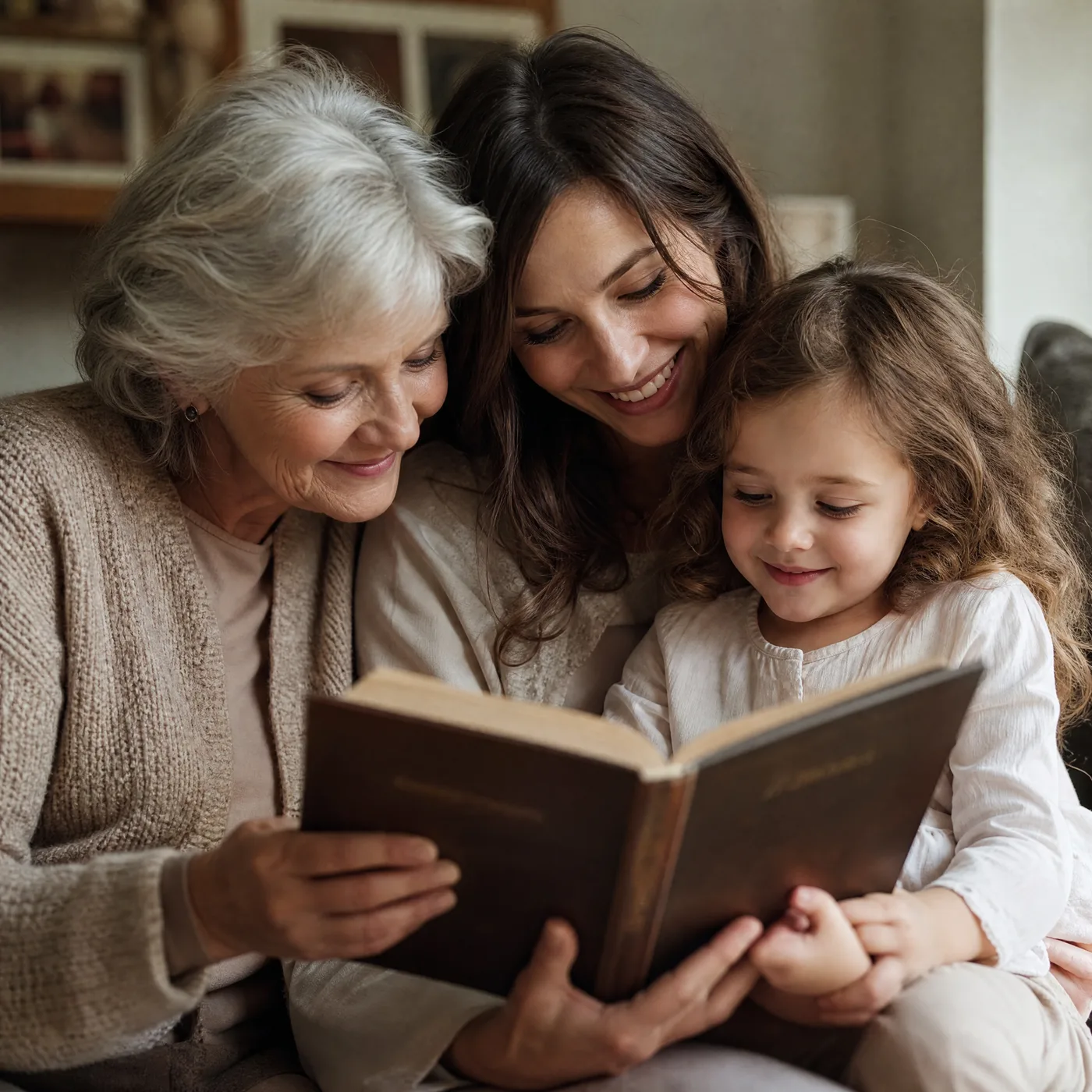 Trois générations d'une famille découvrant ensemble leur livre de mémoire Nostoria